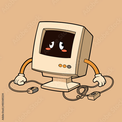Sad retro computer character with arms and mouse on beige background
A vintage computer monitor with a worried expression, cartoon arms, and connected mouse sits on a plain beige backdrop.