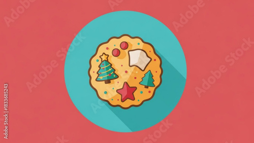 Flat design illustration of a festive christmas cookie decorated with icing and sprinkles featuring christmas trees and stars perfect for holiday baking and celebration themes