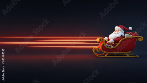 Santa claus in his sleigh with gifts speeds through the night with glowing red light streaks creating a sense of motion and holiday magic