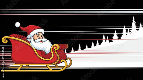 Santa claus in his sleigh speeding through a snowy forest at night with motion blur effects and a dark background creating a festive christmas holiday atmosphere