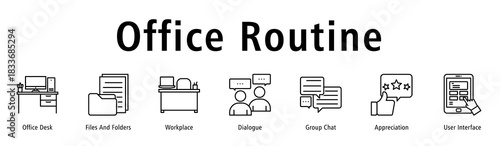 Banner showing daily office routines through desks, files, dialogues, chats and UI.