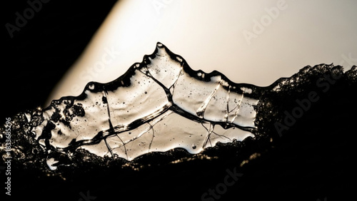 Abstract macro close up of a fractured translucent ice shard with dark veins and bubbles against a soft gradient background with dramatic lighting