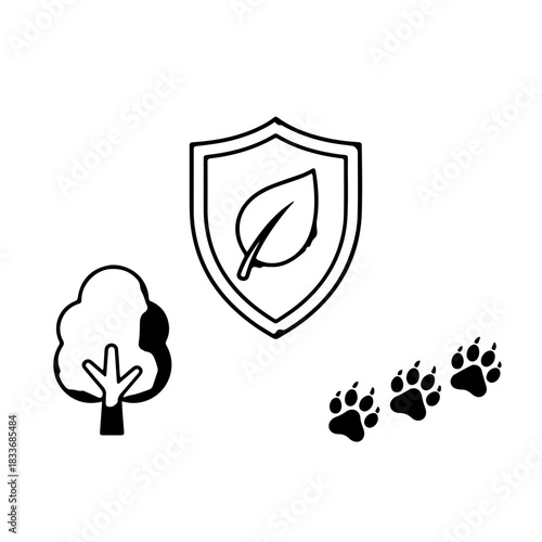 A collection of minimalist black outline icons representing environmental protection, wildlife conservation, and ecological care
