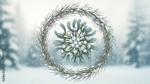 A delicate illustration of a mistletoe sprig adorned with white berries nestled within a circular wreath of snow covered branches against a soft winter forest background with falling snowflakes