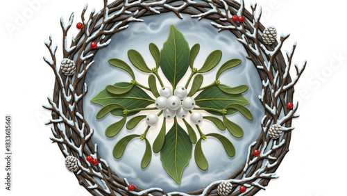 A symmetrical winter wreath featuring a central cluster of white mistletoe berries and green leaves surrounded by snow dusted branches pinecones and red berries on a light blue background
