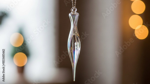 A delicate clear glass icicle ornament with iridescent highlights hangs in front of a softly blurred background of warm bokeh lights and a hint of a christmas tree