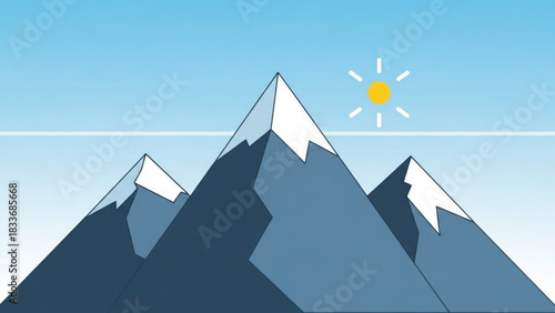 Stylized illustration of snow capped mountains under a bright sun and clear blue sky with a subtle horizon line