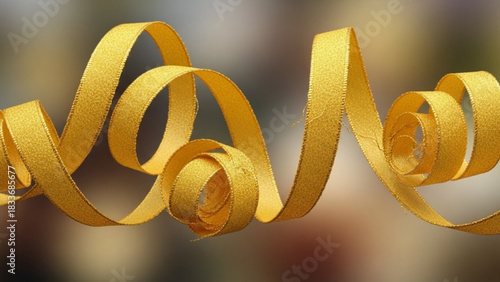 A shimmering golden ribbon curls and twists in a graceful dance against a soft blurred background evoking a sense of celebration and luxury
