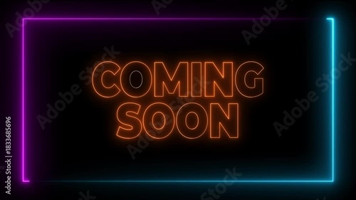 neon coming soon text in blue and pink colours with nebula and particles on black background