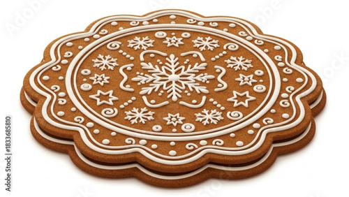 A beautifully decorated snowflake shaped gingerbread cookie with intricate white icing details and a scalloped edge perfect for festive holiday celebrations and winter themes