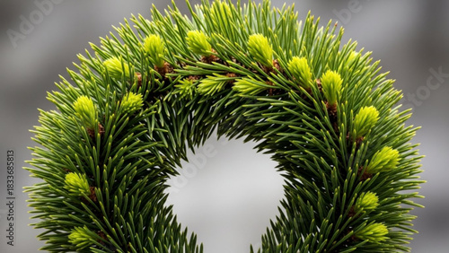 Close up macro shot of a vibrant green pine branch forming a circular wreath shape with bright new growth buds against a soft gray background