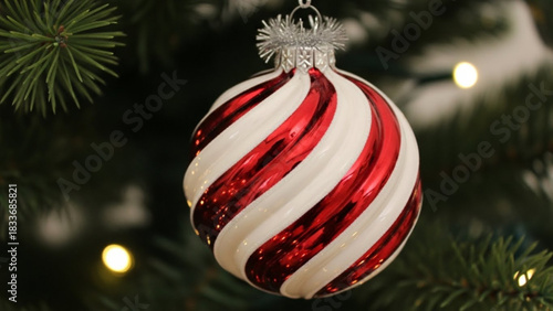 A festive red and white striped christmas ornament hangs on a green pine tree branch with soft bokeh lights in the background