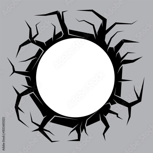 A circular void surrounded by sharp, jagged cracks resembling tree branches or lightning, creating a dramatic and abstract frame.