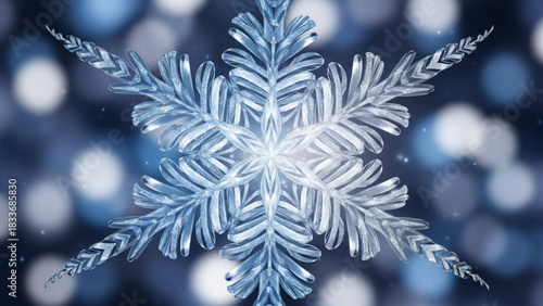 A detailed crystalline snowflake with intricate ice formations and a soft blurred blue bokeh background symbolizing winter s delicate beauty and the magic of the season