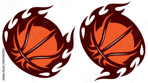 Two stylized basketballs engulfed in dynamic flames, showcasing energetic and passionate sports imagery with a bold design.