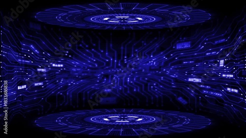 Blue color rotating HUD animation big data transfer binary code hi tech design black technology background