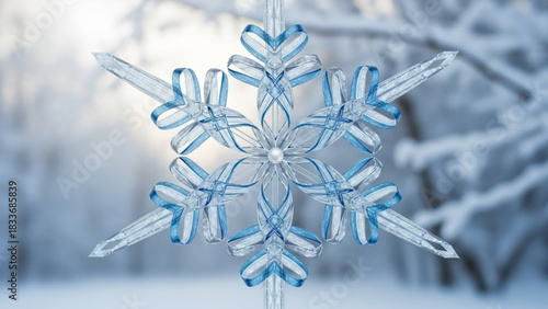 A delicate handcrafted snowflake ornament made from shimmering blue and silver ribbons with a pearl center set against a soft focus winter forest background