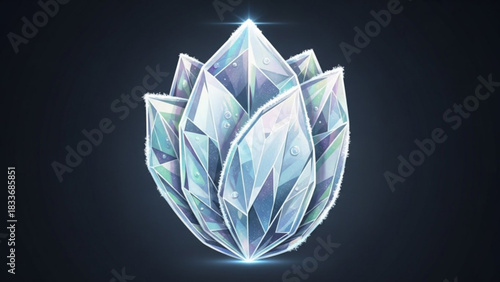 A luminous cluster of multifaceted ice crystals with a frosty coating and sparkling water droplets glowing with an ethereal light against a dark background