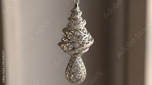 Exquisite ornate silver pendant necklace with intricate filigree and sparkling diamonds suspended against a soft blurred background showcasing luxurious craftsmanship and elegant design