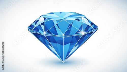 A stunning faceted blue diamond with brilliant light reflections and a subtle shadow isolated on a clean white background symbolizing luxury and preciousness