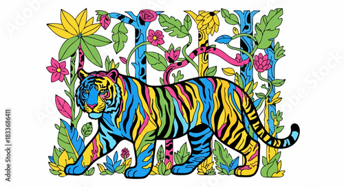 Vibrant multicolored tiger in a psychedelic artistic style.