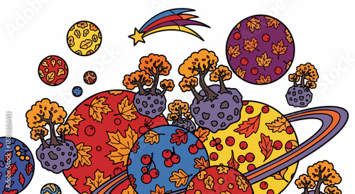 colorful planets with trees and autumn leaves.