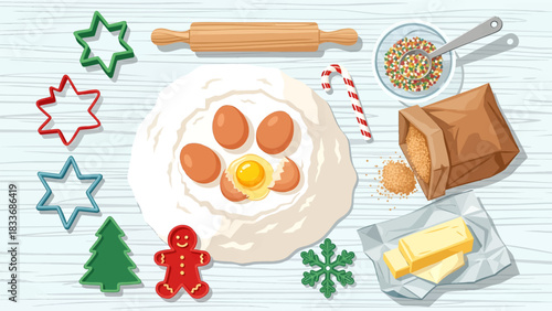 Overhead view of ingredients and tools for baking Christmas cookies, including dough, eggs, butter, sprinkles, and cookie cutters.