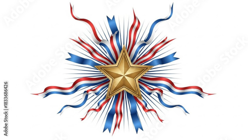 Golden star emblem with red white and blue ribbons and rays against a white background symbolizing patriotism and celebration
