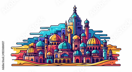 Colorful City of Mosques and Buildings in a Desert Landscape.