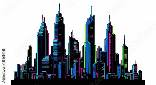 Modern Cityscape with Colorful Skyscrapers.