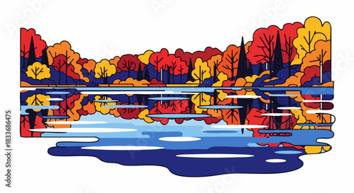 Vibrant autumn lake reflection with colorful trees.