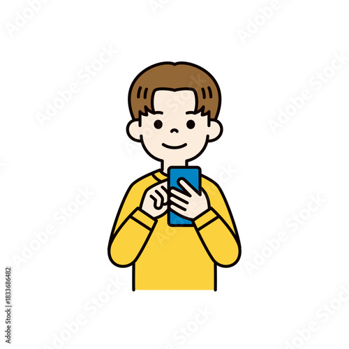 笑顔でスマートフォンを操作する、10代の若い男性の上半身ベクターイラスト素材＿カラー