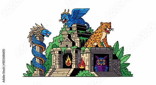 Ancient Mesoamerican temple with mythical creatures and jungle foliage.