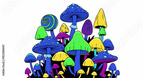 Psychedelic Mushroom Cluster - Vibrant Fungi Illustration.