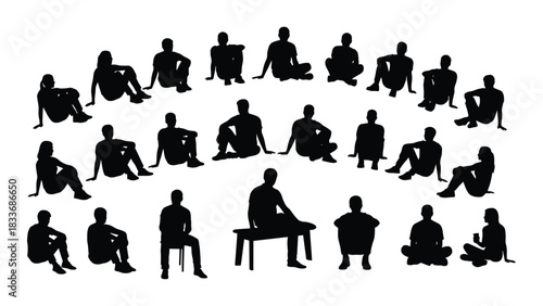 Diverse sitting people silhouettes isolated on white background, Vector