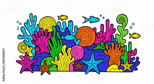 Vibrant Coral Reef Ecosystem with Colorful Marine Life Illustration.