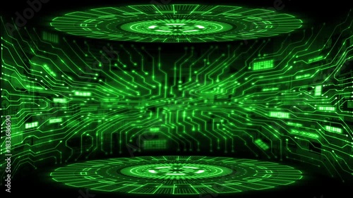 Green color rotating HUD animation big data transfer binary code hi tech design black technology background