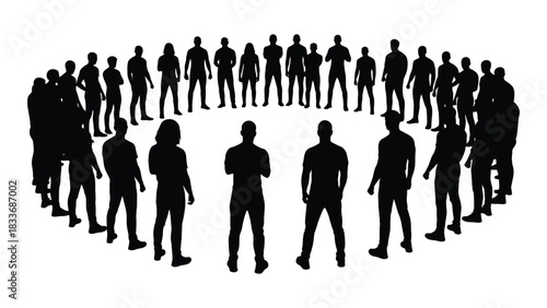People standing in a circle silhouette isolated on white background, Vector