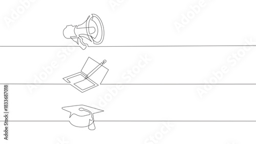 Banner design. continuous line drawing of business icons. megaphone, notebook, graduation cap. vector linear monochrome style illustration.