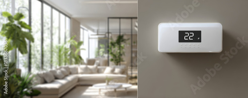 Modern thermostat on wall showing temperature 22 degrees in bright living room with large windows and green plants