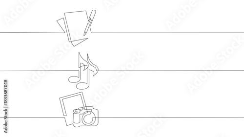 Banner design: Continuous line drawing of business icons, documents, music files, and photos. vector linear monochrome style illustration 