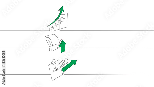 Banner design. continuous line drawing of business icons. rising chart, growth symbol, analytics. vector linear monochrome style.