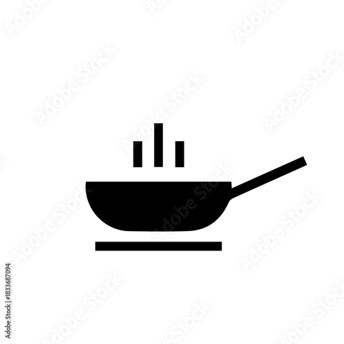 Simple black and white illustration of a frying pan with steam rising, symbolizing cooking and food preparation
