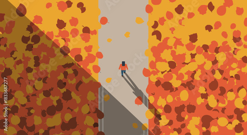 A vibrant illustration captures a solitary figure walking along a sun-dappled autumn path, surrounded by a rich tapestry of fallen orange and yellow leaves.