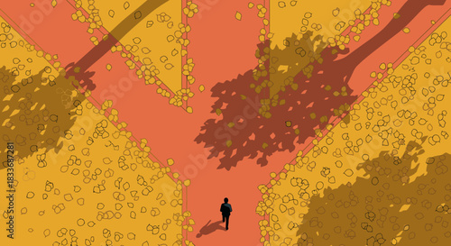 A lone figure walks down a vibrant autumn path, facing a crucial fork in the road, symbolizing a significant life decision or journey.
