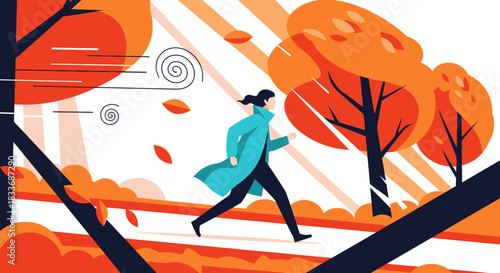 A solitary figure in a teal coat briskly walks through a vibrant autumn park, surrounded by orange trees and falling leaves, embodying a crisp fall day.