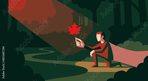 A person in a dark, stylized forest kneels, holding a vibrant red maple leaf illuminated by a dramatic beam of light, symbolizing nature's profound beauty.