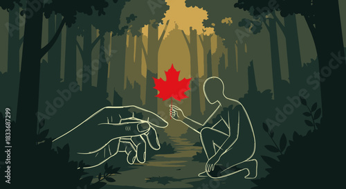 A profound illustration shows a human figure and a guiding hand reaching for a vibrant red maple leaf in a mystical forest, symbolizing environmental connection and shared heritage.