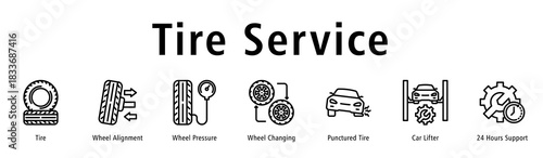 Tire Service web banner icon vector illustration with icons of Tire, Wheel Alignment, Wheel Pressure, Wheel Changing, Punctured Tire, Car Lifter and 24 Hours Support.