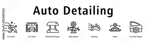 Auto Detailing web banner icon vector illustration with icons of Car Polish, Car Wash, Windshield Repair, Body Repair, Painting, Wiper and Car Door Repair.